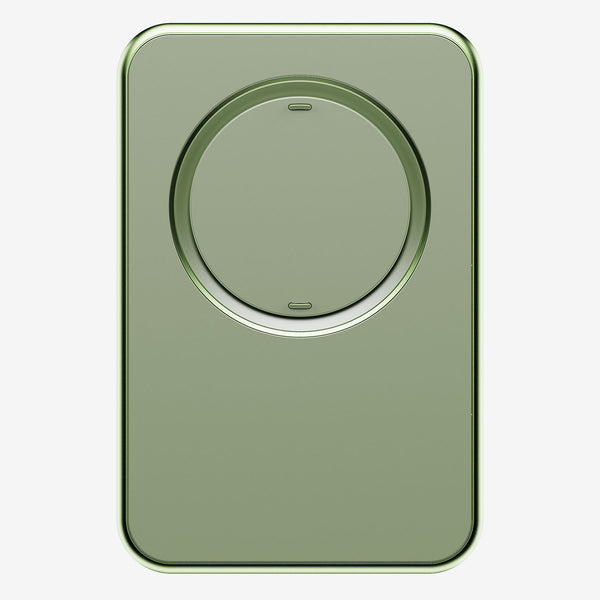 Green wallet with a circular magnetic attachment and a smooth, rectangular design.