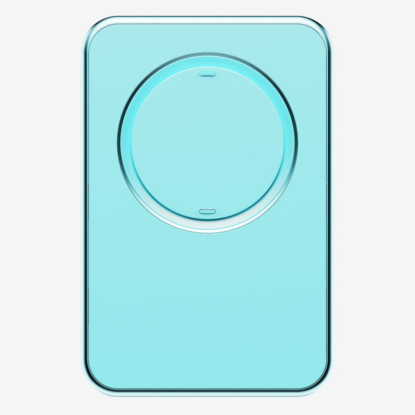 A light blue wallet with a circular magnetic attachment area in the center.
