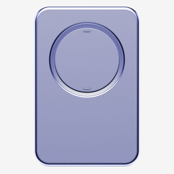 Purple wallet with a circular magnetic attachment area and rounded corners.