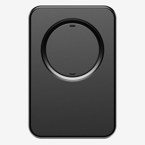 Black wallet with a circular grip area in the center and rounded edges.