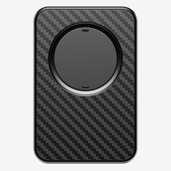 Black wallet with a carbon fiber texture and a circular magnetic attachment on the front.