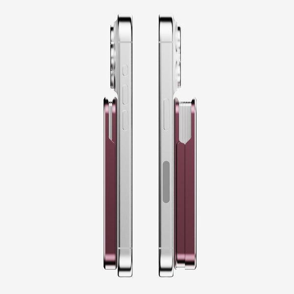 Two smartphones are shown side by side, one with a slim snap grip wallet attached in a burgundy color.