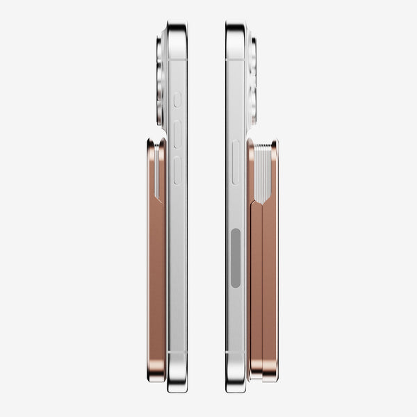 Two smartphones are shown side by side, one with a silver finish and the other with a copper-colored wallet attachment.