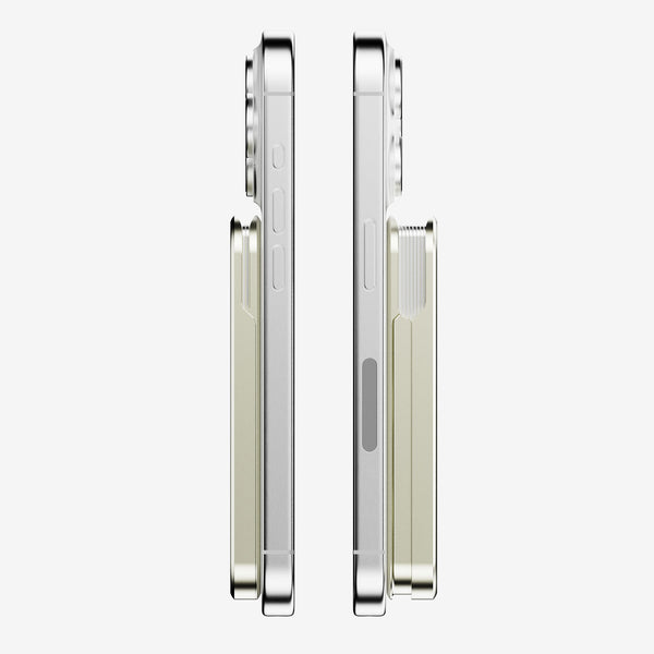 Two smartphone profiles shown side by side, one with a slim wallet attachment on the back.
