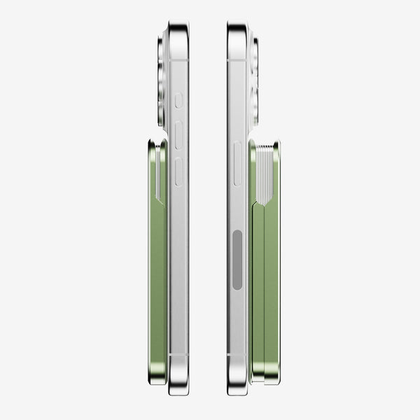 Side view of a smartphone with a green snap grip wallet attached, showing the wallet's slim profile.