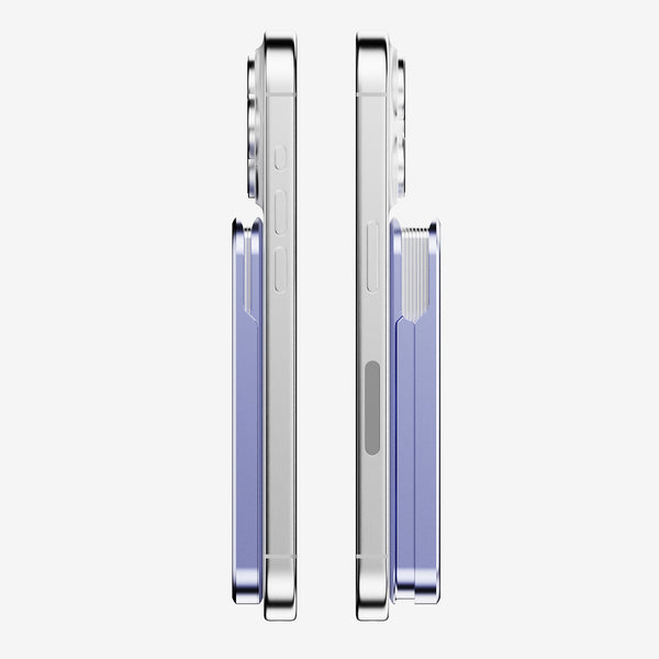 Wallet attached to the side of a smartphone, showcasing a slim profile and a purple color.