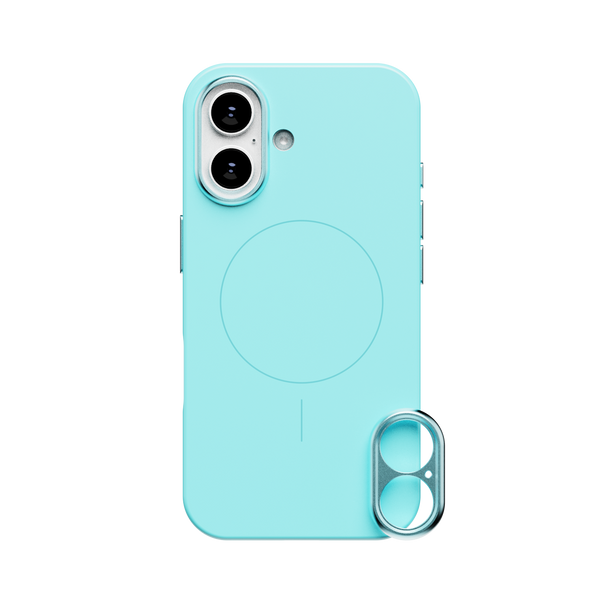 Light blue phone case with a circular magnetic charging area and a detachable lens attachment.