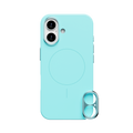 Light blue phone case with a circular magnetic charging area and a detachable lens attachment.