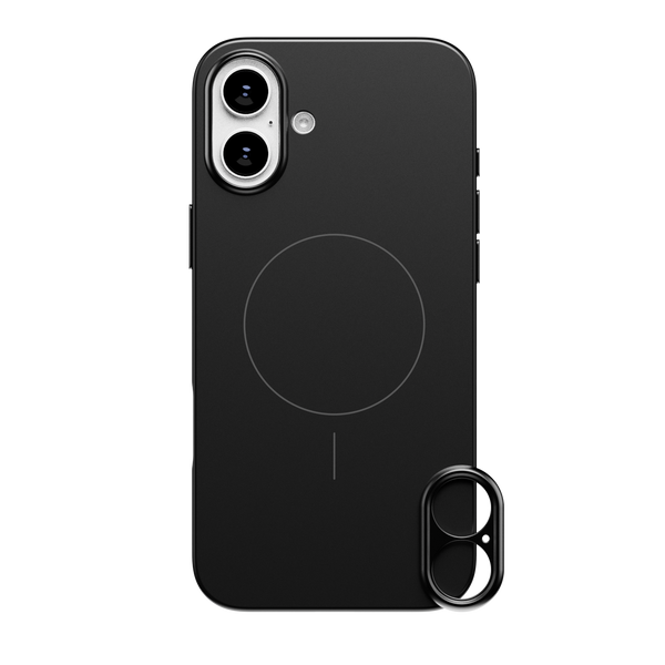 Black phone case with cutouts for dual cameras and a circular design for wireless charging compatibility.