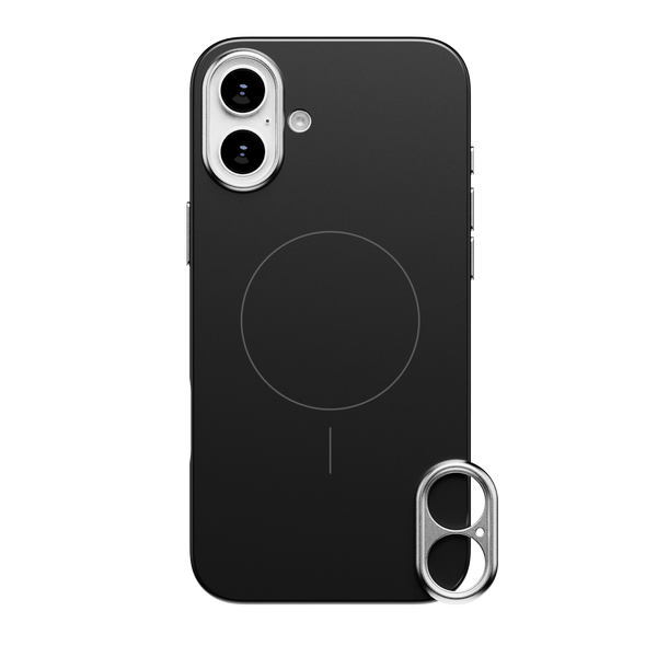 Black snap case for a smartphone with a circular design and a cutout for camera lenses.