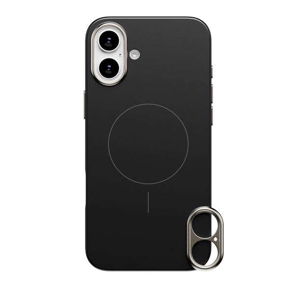 Black snap case for a smartphone, featuring a circular design and a dual-camera cutout.