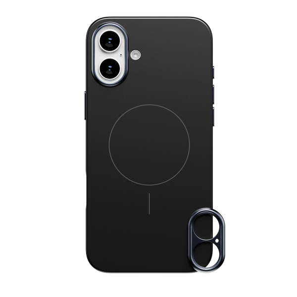 Black phone case with a circular design and cutouts for dual cameras on the back.