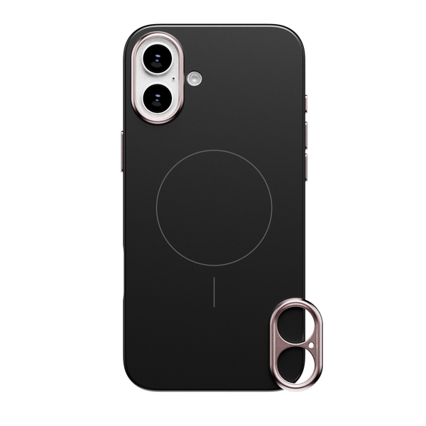 Black phone case with dual camera cutout and circular design for magnetic accessories.