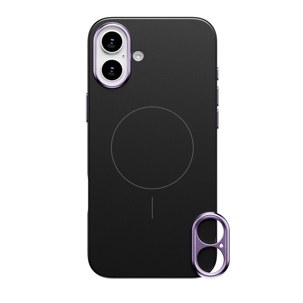 Black phone case with a circular design and dual camera cutout, featuring a purple accent on the side.