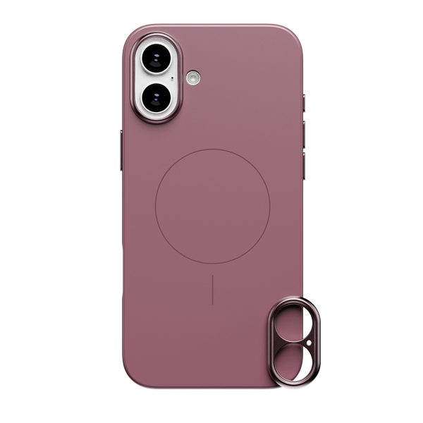 Purple phone case with a circular MagSafe alignment and a detachable camera lens cover.