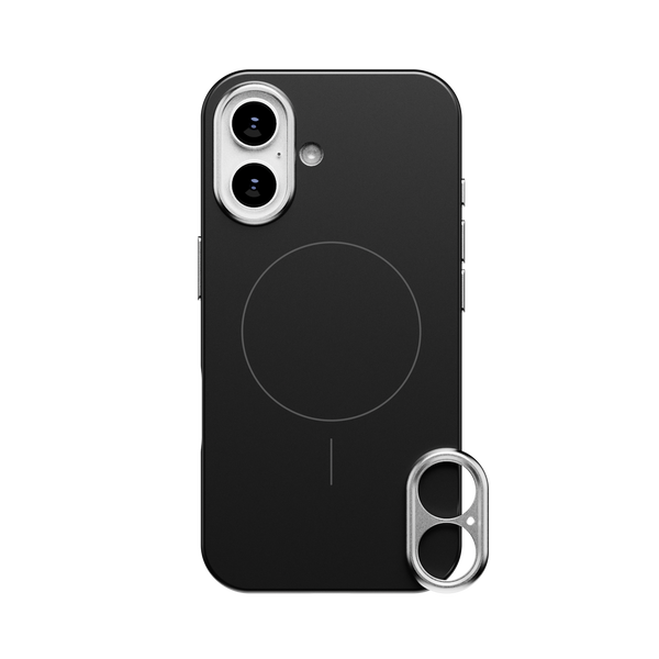 Black phone case with a circular MagSafe alignment and a silver connector accessory on the side.