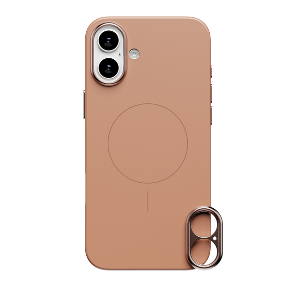 Slim, beige phone case with a circular magnetic area and a detachable lens attachment on the side.