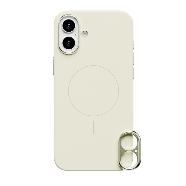 Light-colored phone case with a circular magnetic charging area and a dual-camera cutout.