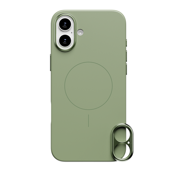 Green snap case for a smartphone with a circular design and a dual-camera cutout on the back.