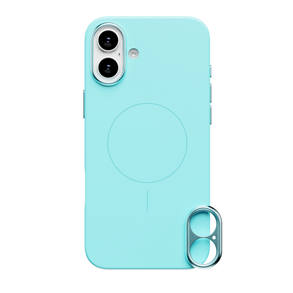 Light blue phone case with a circular design and cutout for camera lenses.