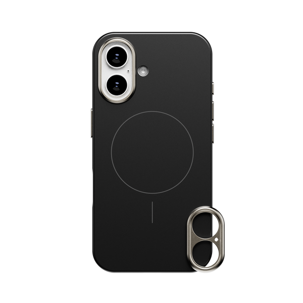 Black phone case with a circular design and a detachable ring holder on the side.