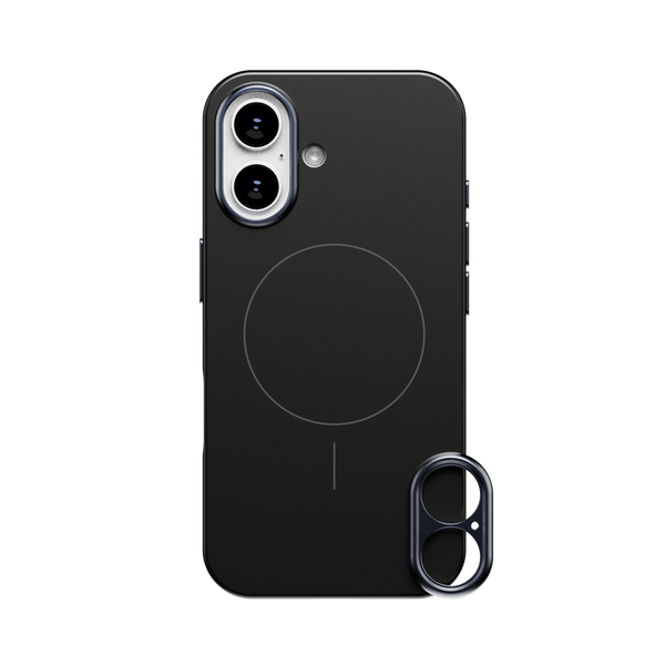 Black phone case with a circular MagSafe alignment and a detachable camera lens cover.