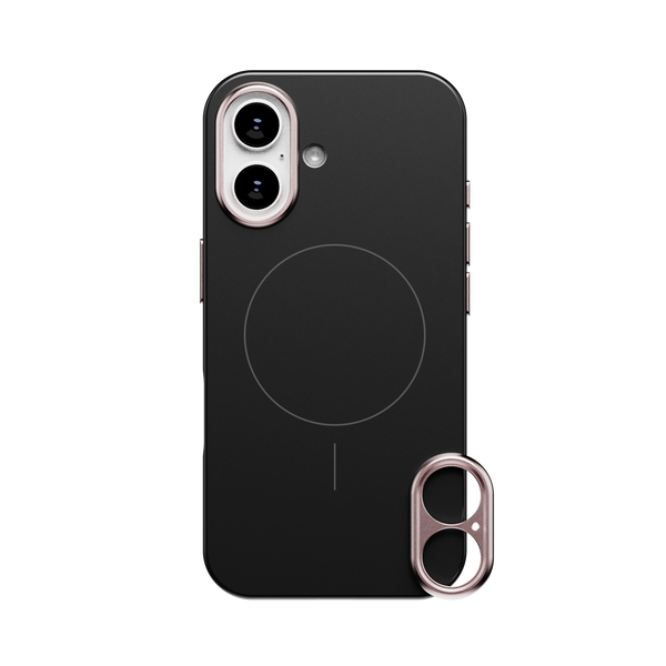 Black phone case with dual camera cutout and a circular MagSafe alignment area, accompanied by a detachable accessory.