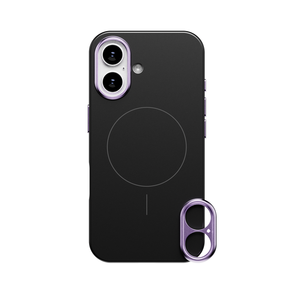 Black phone case with a circular magnetic area and a purple camera lens cover accessory.
