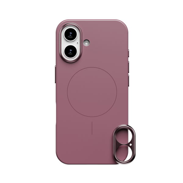 Purple phone case with a circular magnetic charging area and a removable lens attachment.