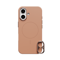 Solid peach-colored phone case with a circular magnetic charging area and a detachable camera lens cover.