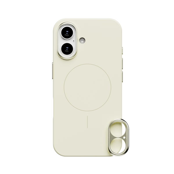 Light-colored phone case with a circular magnetic charging area and cutouts for dual cameras.