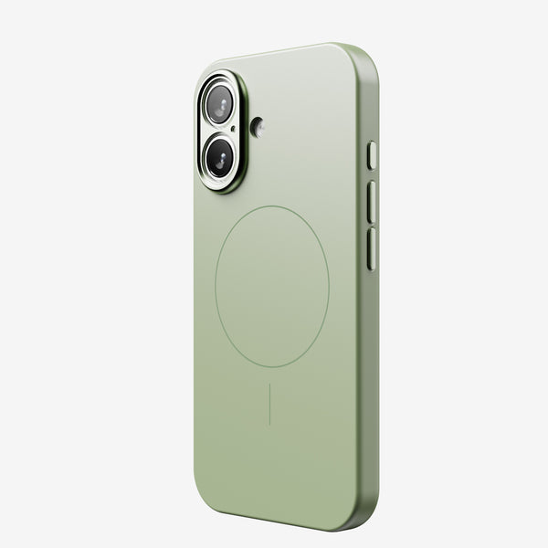 Green snap case designed for the 16 Series, featuring cutouts for dual cameras and a magnetic charging area.