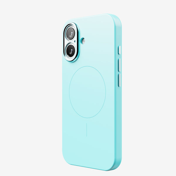 Light blue phone case with dual camera cutout and MagSafe circle on the back.