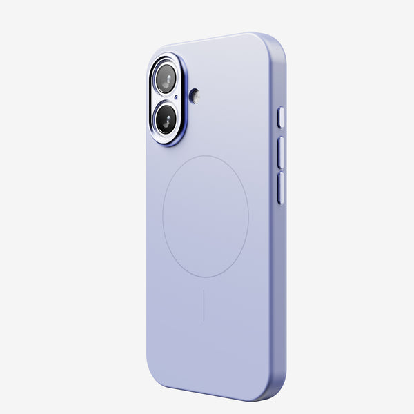 Light purple phone case with dual camera cutout and magnetic charging circle on the back.