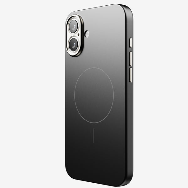 Black snap case for a smartphone, featuring a circular design for magnetic accessories and dual camera cutouts.