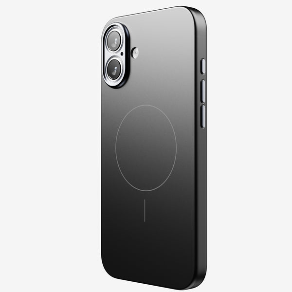 Black phone case with dual camera cutout and MagSafe alignment circle on the back.