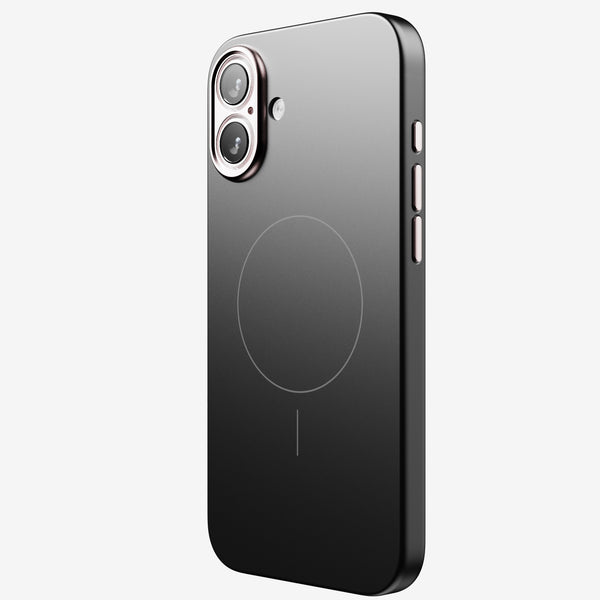 Black snap case for a smartphone with dual camera cutout and MagSafe alignment circle.