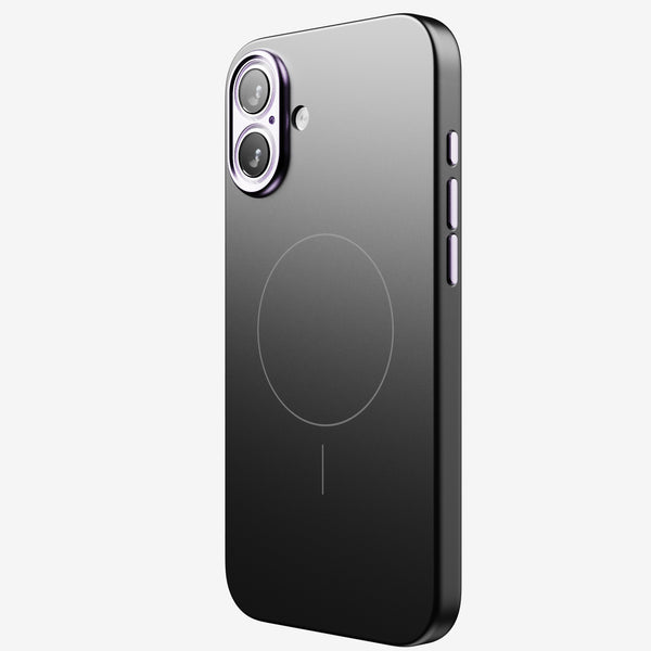 Black snap case for a smartphone, featuring a circular design on the back and dual camera openings.
