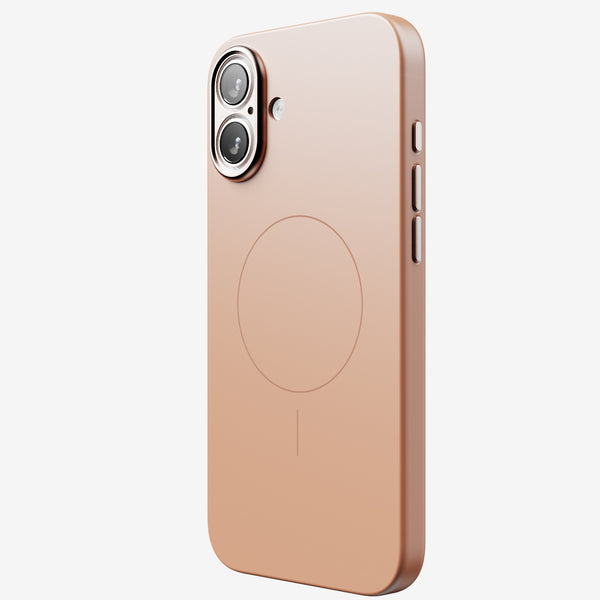 Rose gold phone case with dual camera cutout and magnetic charging circle on the back.