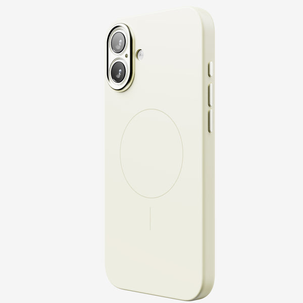 Light yellow phone case with cutouts for camera and buttons, featuring a circular design on the back.
