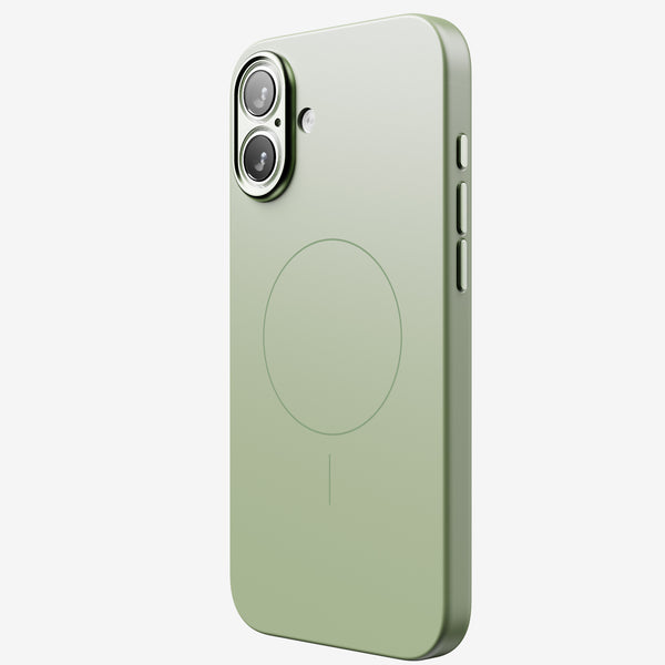 Green phone case with dual camera cutout and MagSafe compatibility, featuring a smooth finish and side buttons.