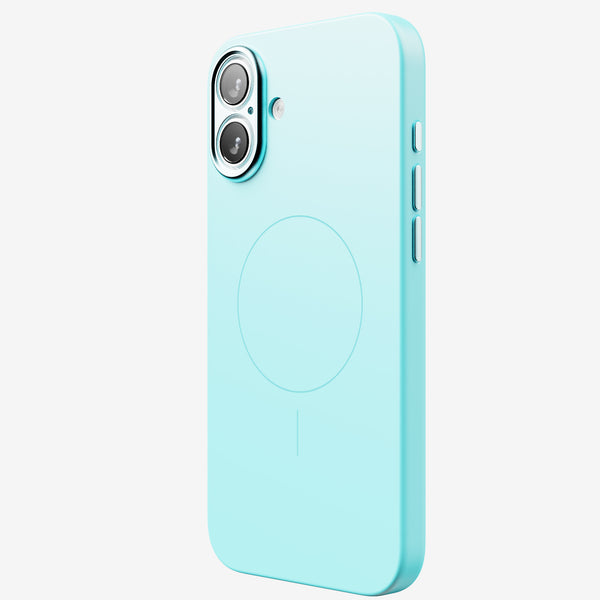 Light blue phone case with dual camera cutout and MagSafe circle on the back.