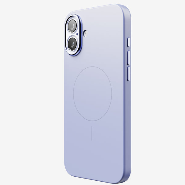 Light purple phone case with cutouts for dual cameras and a circular MagSafe alignment on the back.