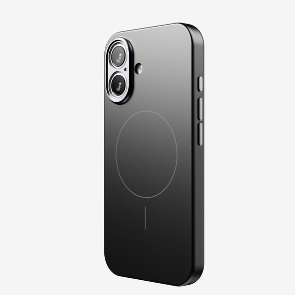 Black snap case with a circular design on the back, cutouts for camera lenses, and side buttons visible.