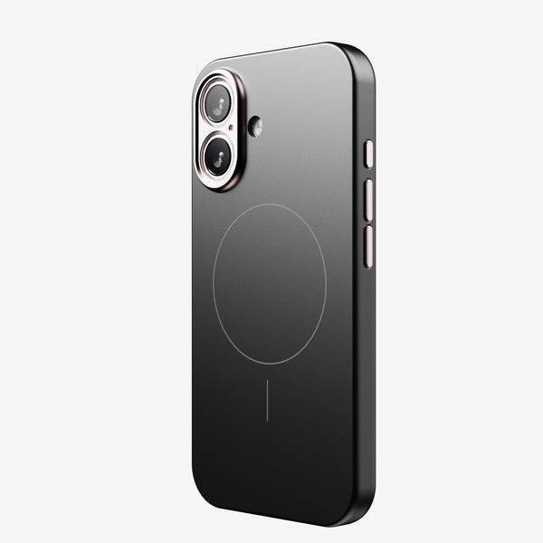 Black phone case with a circular design and cutouts for dual cameras and side buttons.