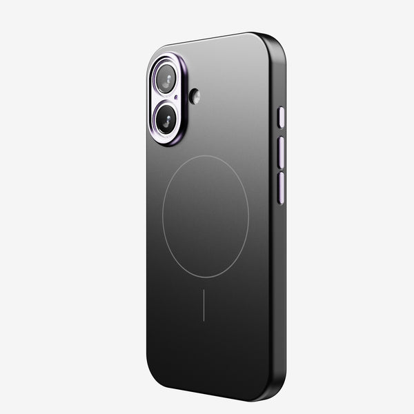 Black snap case for a smartphone, featuring a circular design for magnetic accessories and camera cutouts.