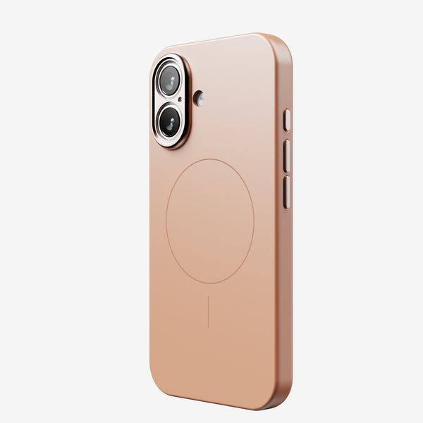 Rose gold phone case with cutouts for dual cameras and a circular magnetic charging area on the back.
