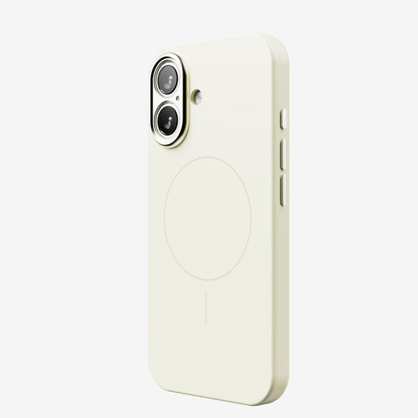 Light-colored phone case with dual camera cutout and magnetic charging circle on the back.