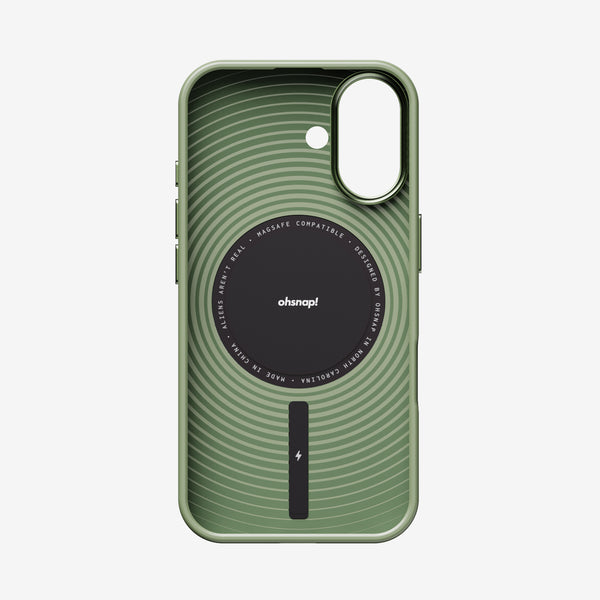 Green phone case with concentric circle design and a central black area for MagSafe compatibility.