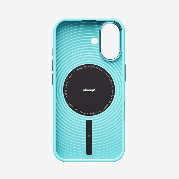 Light blue phone case with concentric circle design and a central black circular area for MagSafe compatibility.